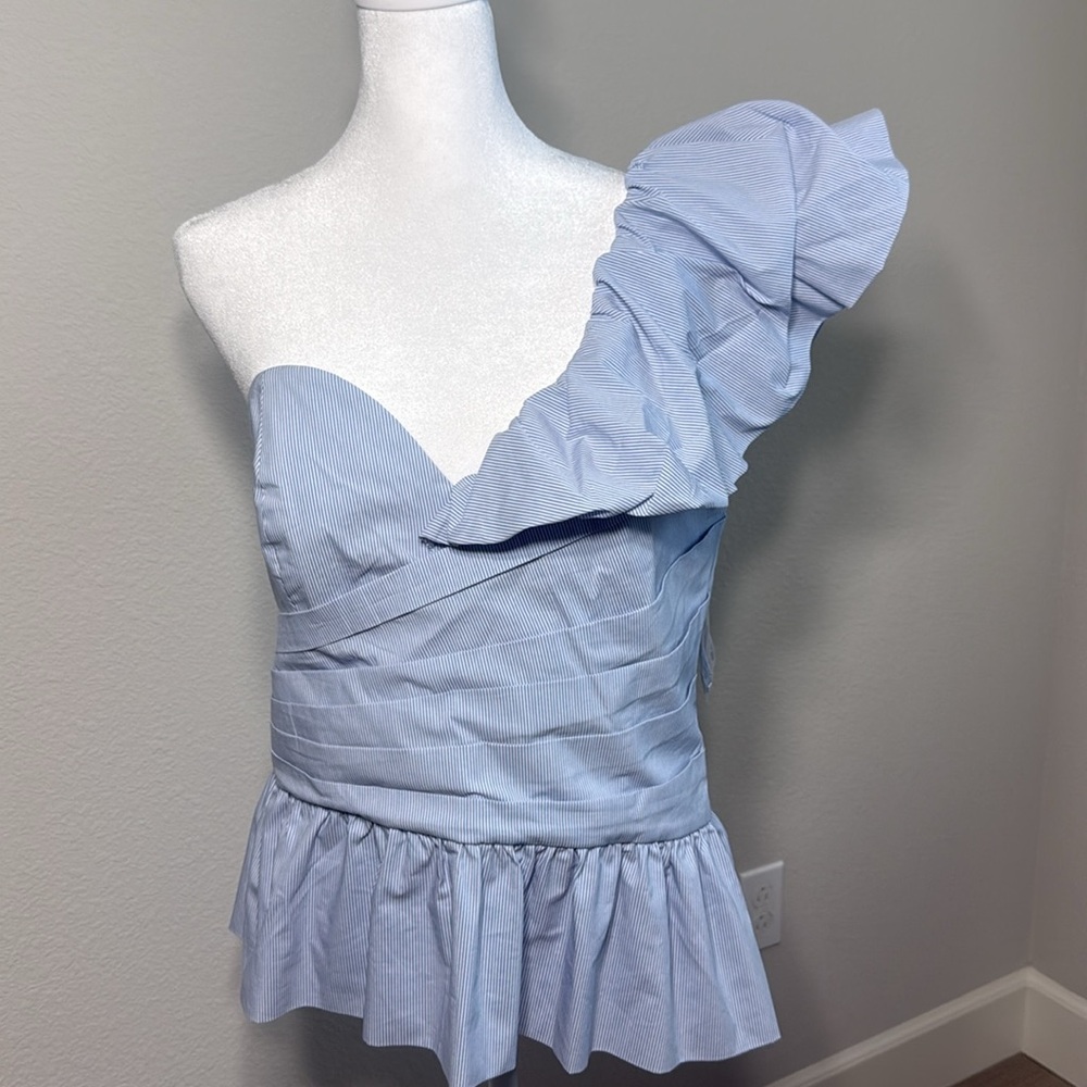 White House Black Market Light Blue Ruffle One-Shoulder Blouse